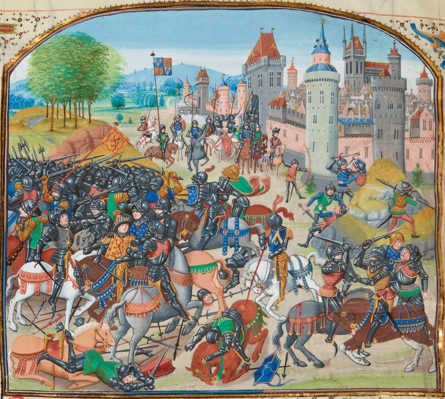 A medieval painting of the Battle of Neville's Cross depicts hand-to-hand combat between cavalry