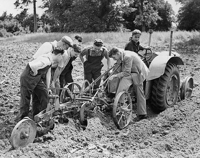 Conscientious objectors attending an agricultural course in Essex, UK, under the Ministry of Agriculture's labour training scheme