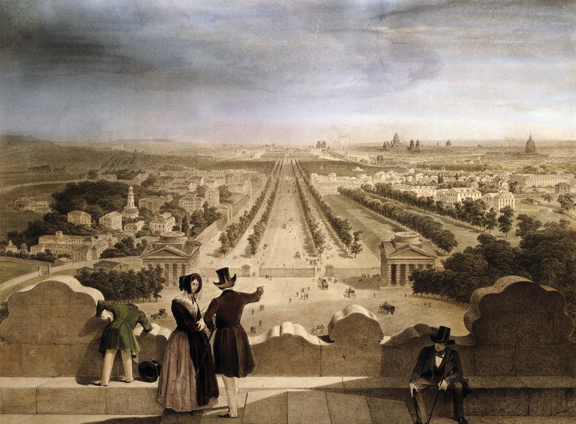 The view from the Arc de Triomphe in Paris, lithograph by Jules Arnout, circa 1830