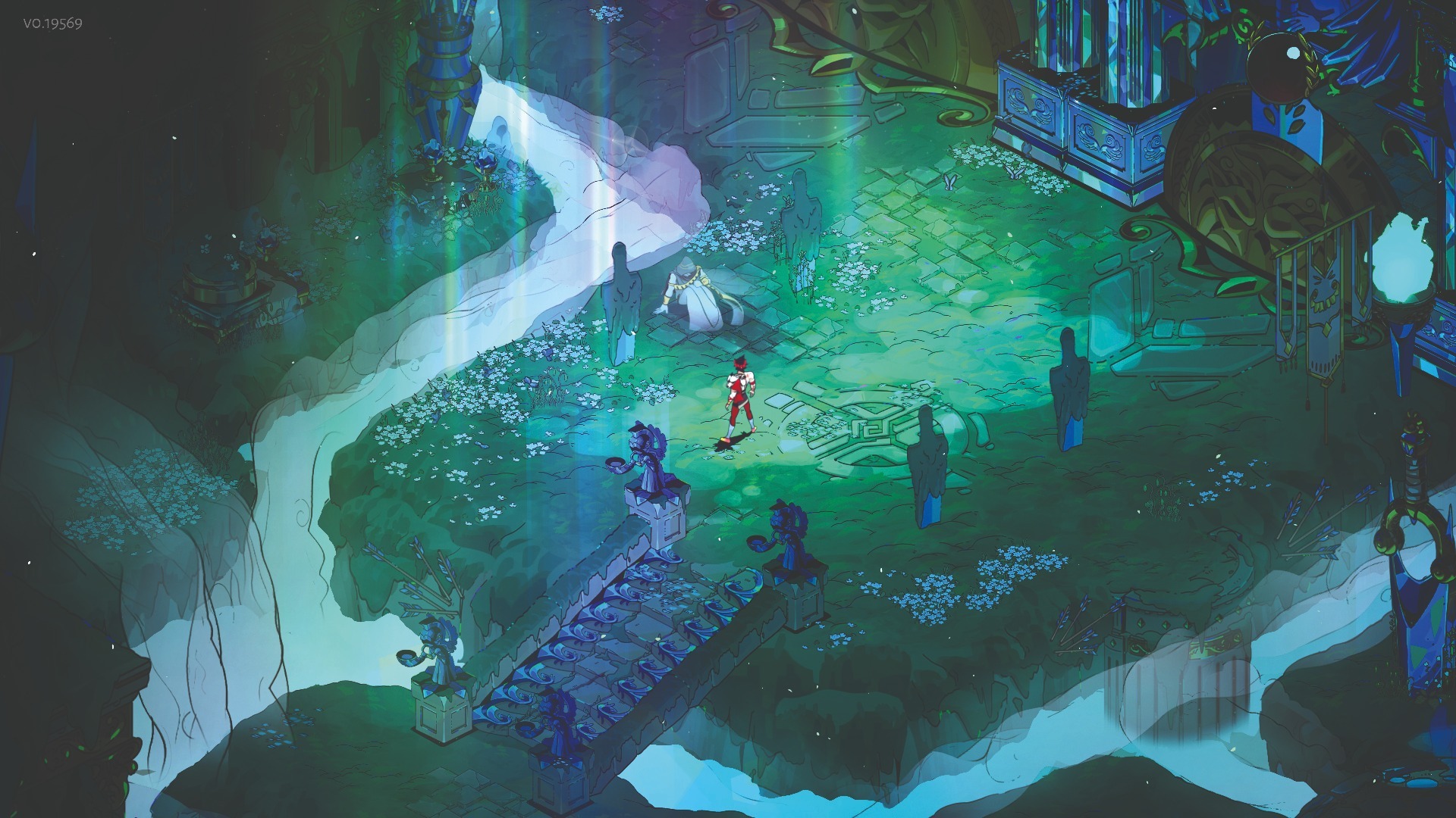 A scene from Hades shows Zagreus navigating a green land