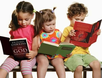 Children reading humanist and religious books