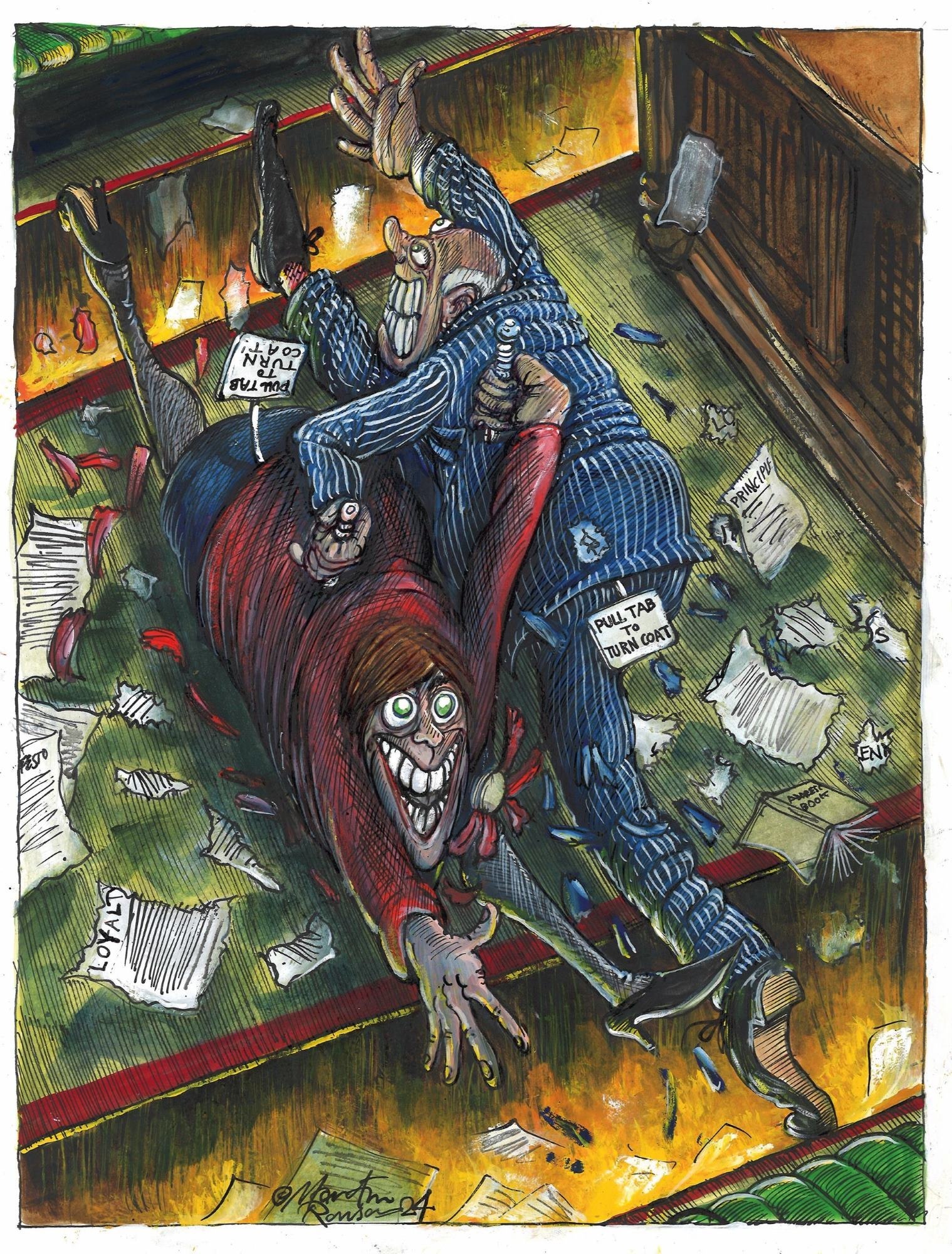 In this cartoon by Martin Rowson, two politicians - one dressed in red, the other in blue - stab each other in the back as they attempt to cross the floor in the House of Commons chamber
