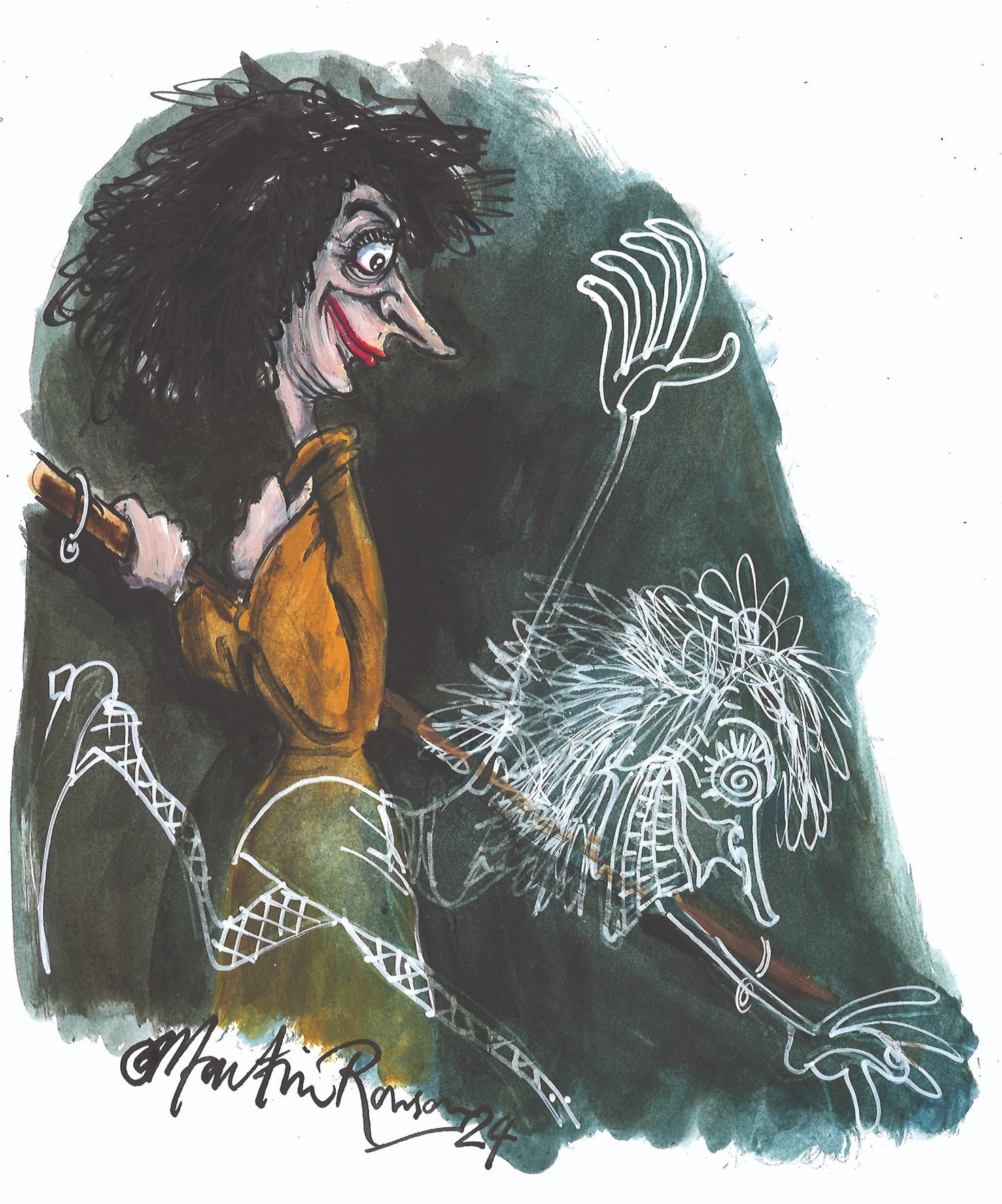 A cartoon of Shaparak Khorsandi walking past an apparition of her younger self