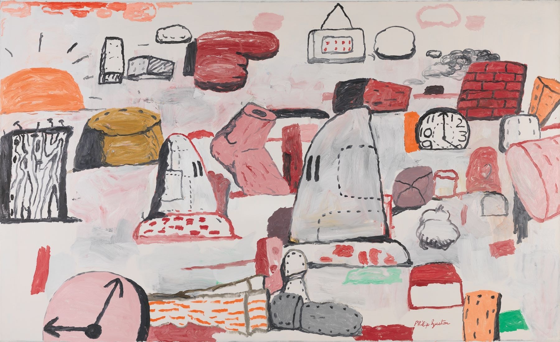 'Flatlands' (1970) by Philip Guston shows a seemingly random collection of objects scattered across the canvas, including a brick wall, two clocks, the sun, a pair of shoes and - in the centre - two white hoods