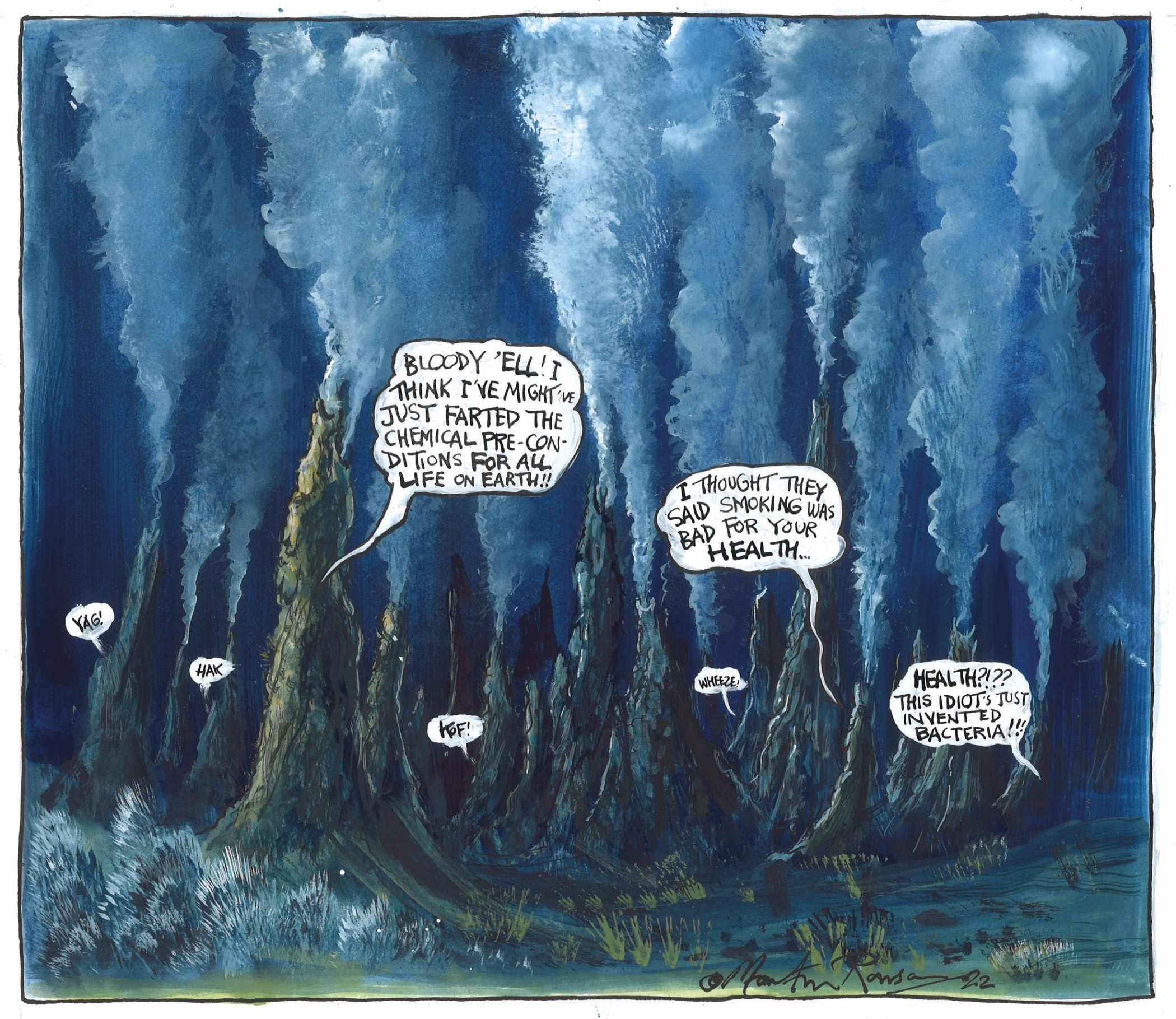 Martin Rowson cartoon on the origins of life in deep sea vents