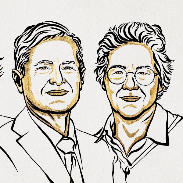 An illustration of Krausz and L'Huillier, two of the Nobel Prize winners in physics 2023