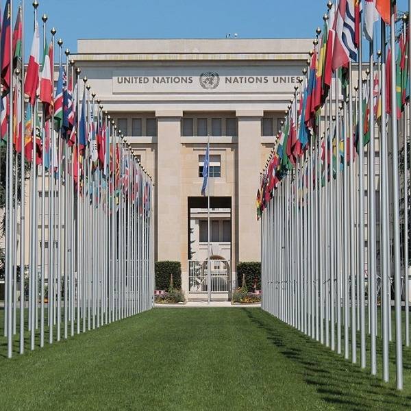 Flags in front of the United Nations