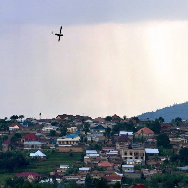 A Zipline drone flying over Muhanga, Rwanda