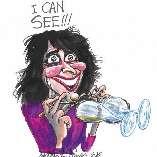 A cartoon by Martin Rowson shows Shaparak Khorsandi peering through a pair of spectacles made out of champagne glasses