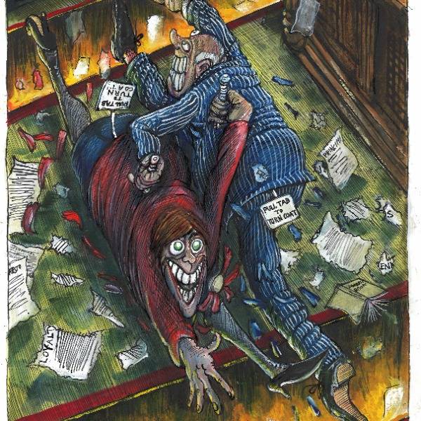 In this cartoon by Martin Rowson, two politicians - one dressed in red, the other in blue - stab each other in the back as they attempt to cross the floor in the House of Commons chamber