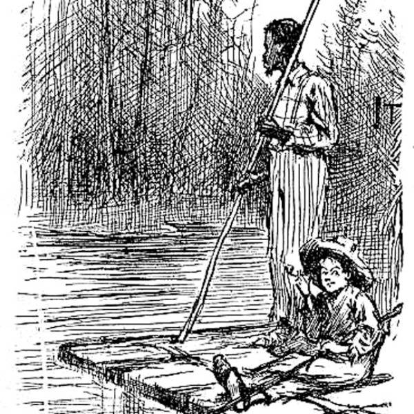An illustration of Huck and Jim on a raft, from the original 1884 edition of 'Huckleberry Finn'