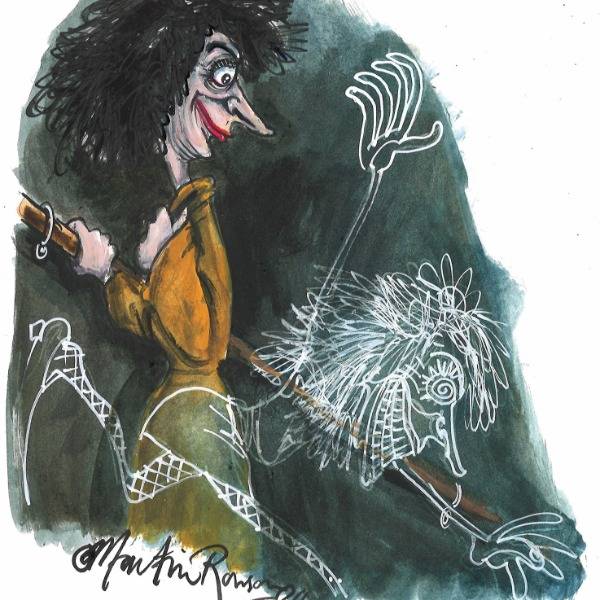 A cartoon of Shaparak Khorsandi walking past an apparition of her younger self