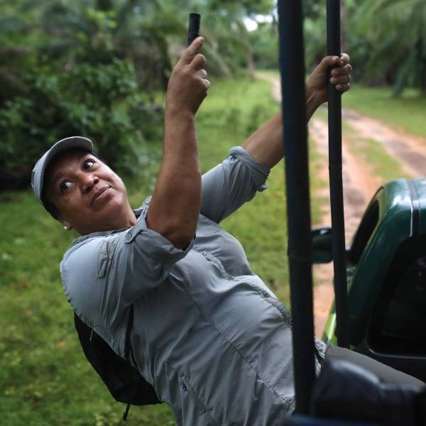 A tour guide hangs out the side of a jeep as she shows tourists the Pantanal