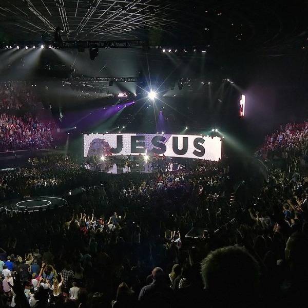 The band Hillsong United perform at a huge stadium in California