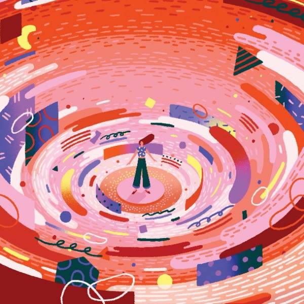 An illustration of a woman surrounded by a twister of swirling objects