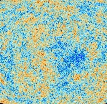 A map of the cosmic microwave background, represented in blue and orange