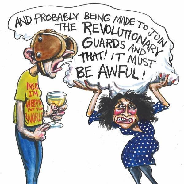 A cartoon by Martin Rowson depicts the author at a party while a man wearing blinkers talks to her about Iran