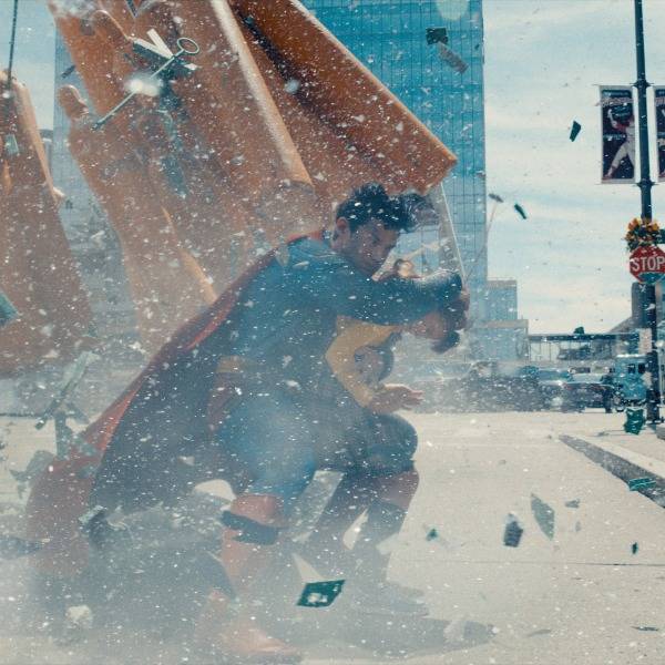 Superman saves a girl in a scene from the movie