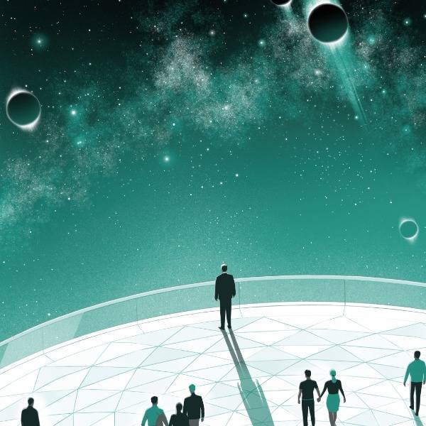 An illustration of groups of people looking up to space