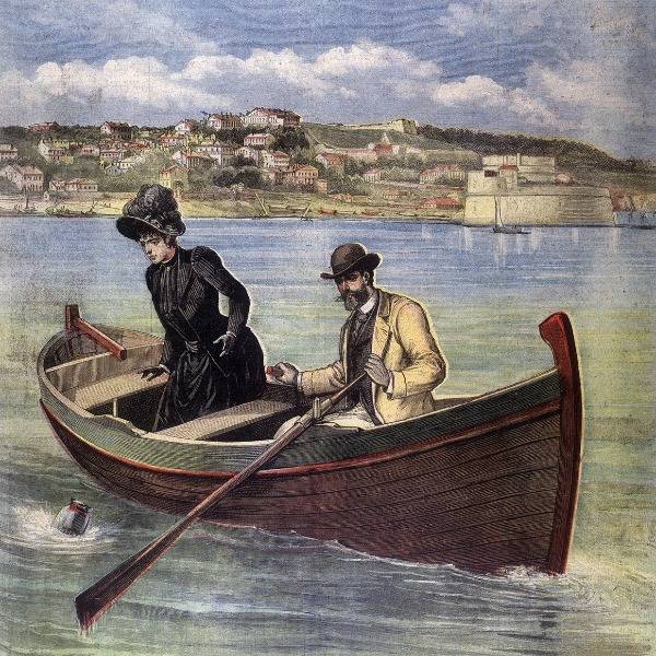 An 1891 illustration of a scandal in France, in which a mayor and his mistress were accused of dumping a foetus at sea. Here they are shown together in a rowing boat
