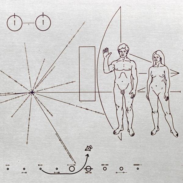 The plaque on Pioneer 10 includes a simple line drawing of a man and a woman