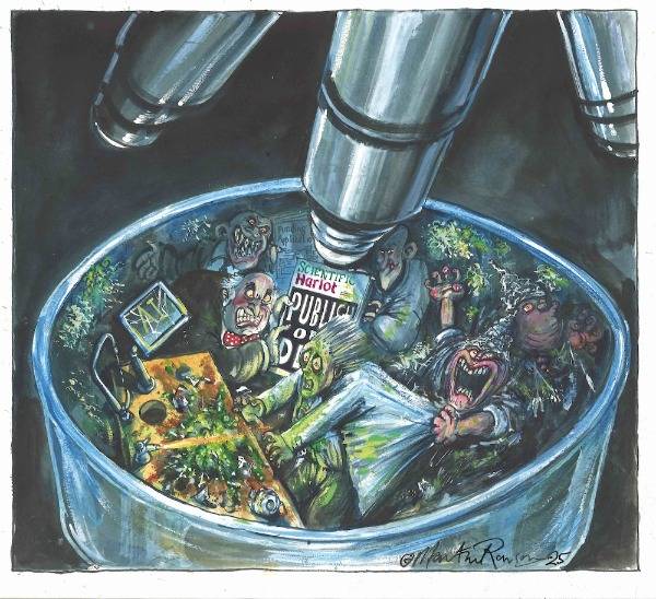 Martin Rowson cartoon on paper mills and scientific bias