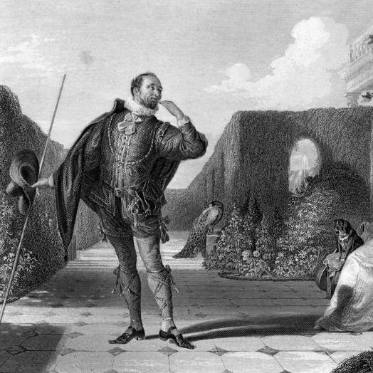 A 19th century engraving of a scene from 'Twelfth Night', in which Malvolio stands before the countess Olivia