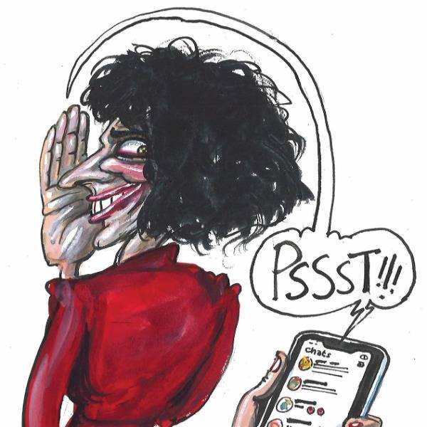 A Martin Rowson cartoon shows the author holding her phone behind her back as she sneakily reads gossip