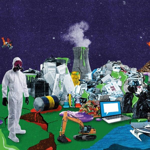 A compilation of images showing technology and the destruction of the planet