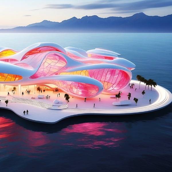 A mock-up of a 'Floating Glass Museum' shows a futuristic building comprised of waves of glass, floating on the water