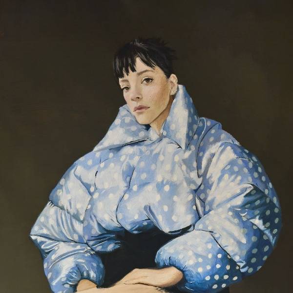 The cover art from Lily Allen's 'West End Girl' is a portrait of the singer wearing a blue and white polka dot puffer jacket