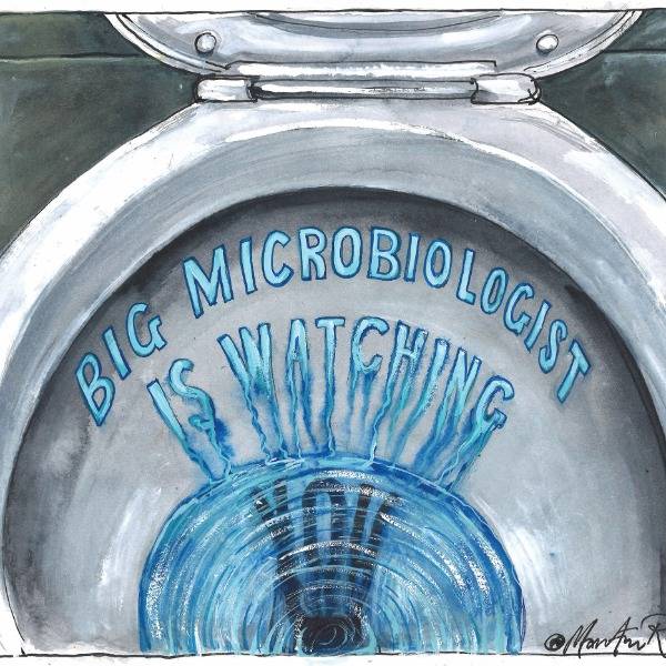 A cartoon by Martin Rowson shows a toilet flushing, with the water forming the words 'Big microbiologist is watching' inside the bowl