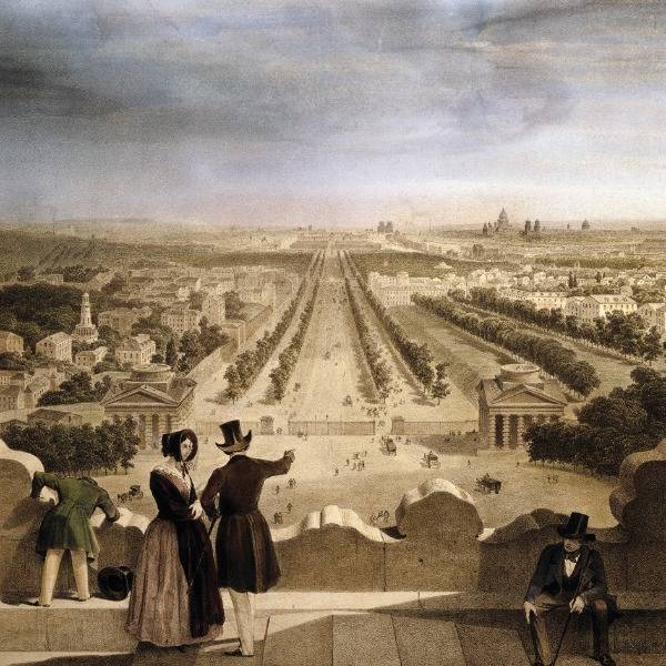 The view from the Arc de Triomphe in Paris, lithograph by Jules Arnout, circa 1830