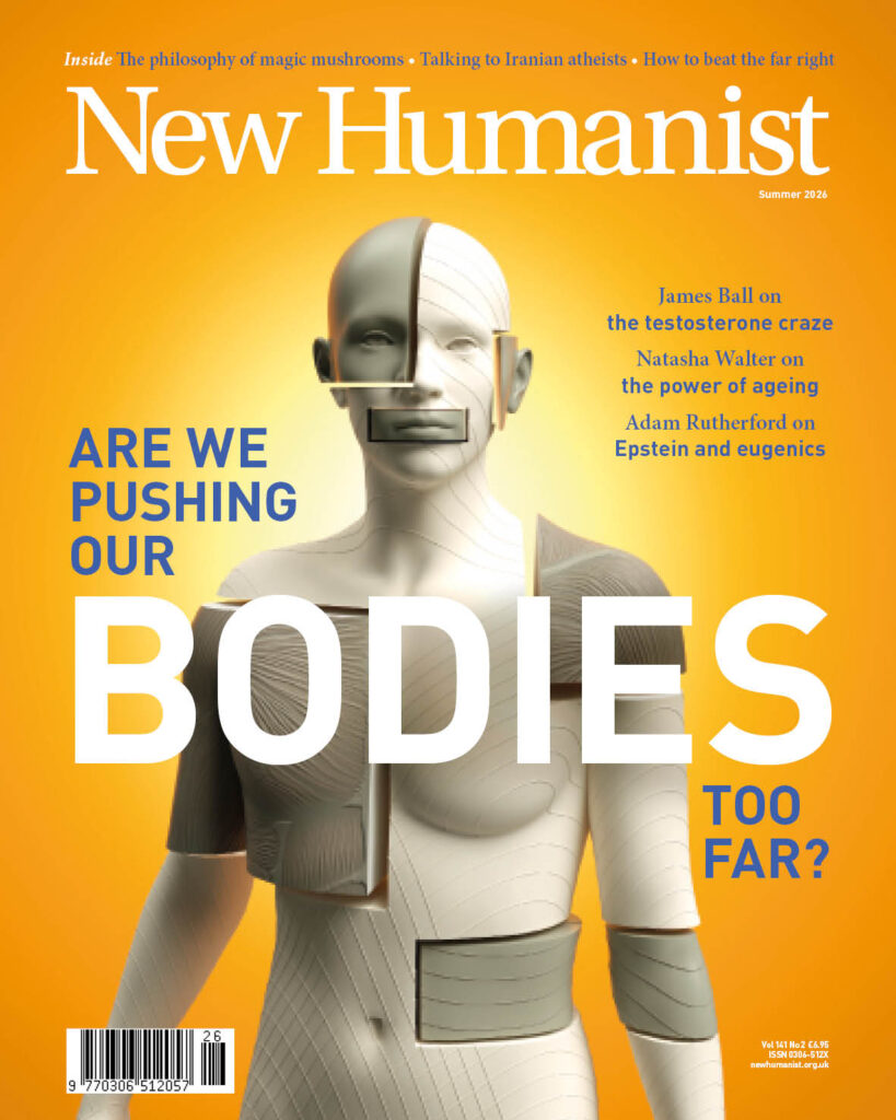 The cover of New Humanist's Summer 2026 issue shows an image of a mechanical body with the words: "Are we pushing our bodies too far?"