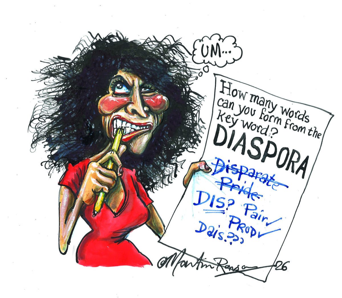 A cartoon of the author, Shaparak Khorsandi, playing a word game with the word "Diaspora"