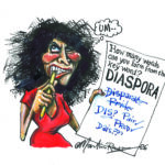 A cartoon of the author, Shaparak Khorsandi, playing a word game with the word "Diaspora"