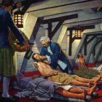 A 1950s illustration of Scottish physician James Lind feeding a sick sailor a piece of fruit