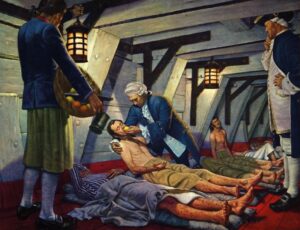 A 1950s illustration of Scottish physician James Lind feeding a sick sailor a piece of fruit