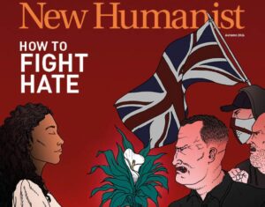 The cover of New Humanist's Autumn 2026 issue is an illustration of a woman handing flowers to two male protesters waving the Union Jack