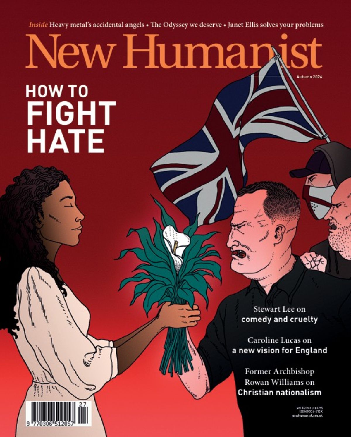 The cover of New Humanist's Autumn 2026 issue is an illustration of a woman handing flowers to three male protesters waving a Union Jack