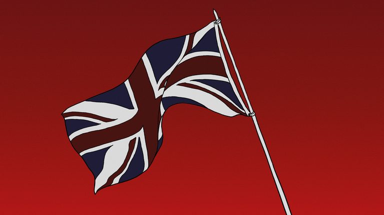 An illustration of the Union Jack against a red backdrop