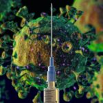 An illustration of a virus and a syringe, representing the HPV vaccine