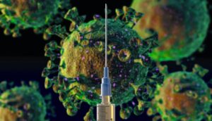 An illustration of a virus and a syringe, representing the HPV vaccine
