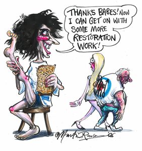 A cartoon by Martin Rowson shows the author, Shaparak Khorsandi, declaring that she wants to get on with some restoration work
