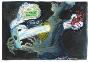 A cartoon by Martin Rowson shows someone's heart being ripped out as they read messages on their phone