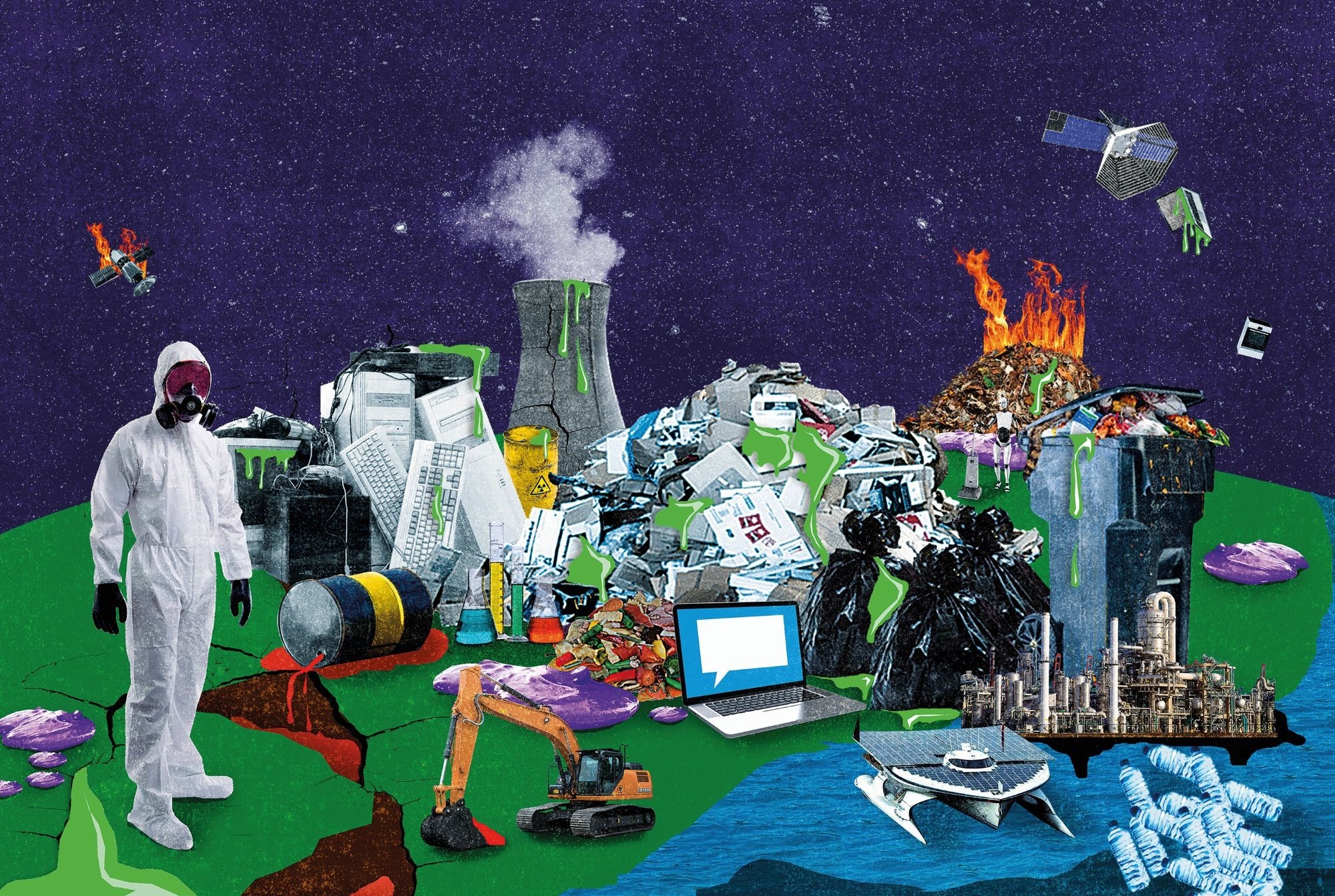 A compilation of images showing technology and the destruction of the planet