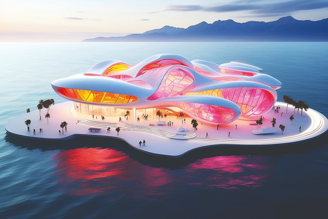 A mock-up of a 'Floating Glass Museum' shows a futuristic building comprised of waves of glass, floating on the water