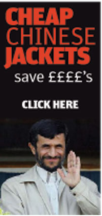 Ad for cheap Chinese jackets featuring Ahmadinejad