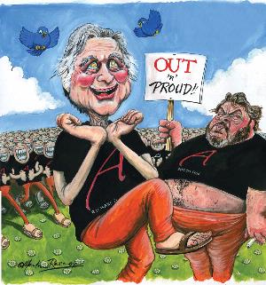 Martin Rowson's cartoon of Richard Dawkins and Christopher Hitchens from New Humanist, November/December 2007