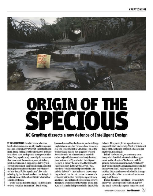 AC Grayling's page from New Humanist, September/October 2008